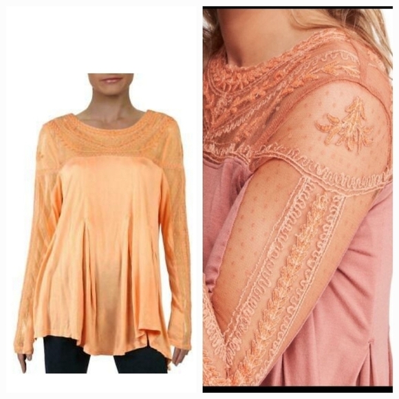 Free People Sz L Jojo Havana Top Long Sleeve Lace Pleats - Picture 1 of 11